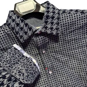 Robert Graham Tailored Fit Men's Shirt Size M Flip Cuff Houndstooth Check Button